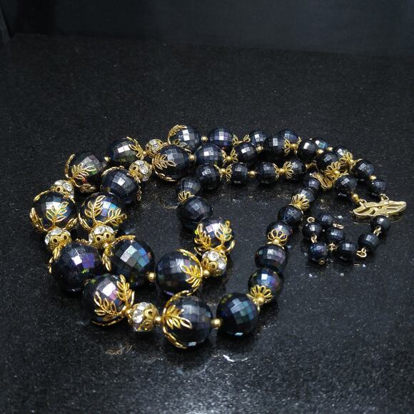 Deauville Black Faceted Lucite Bead Necklace Rhinestone Gold Tone 1950s - Picture 2 of 10